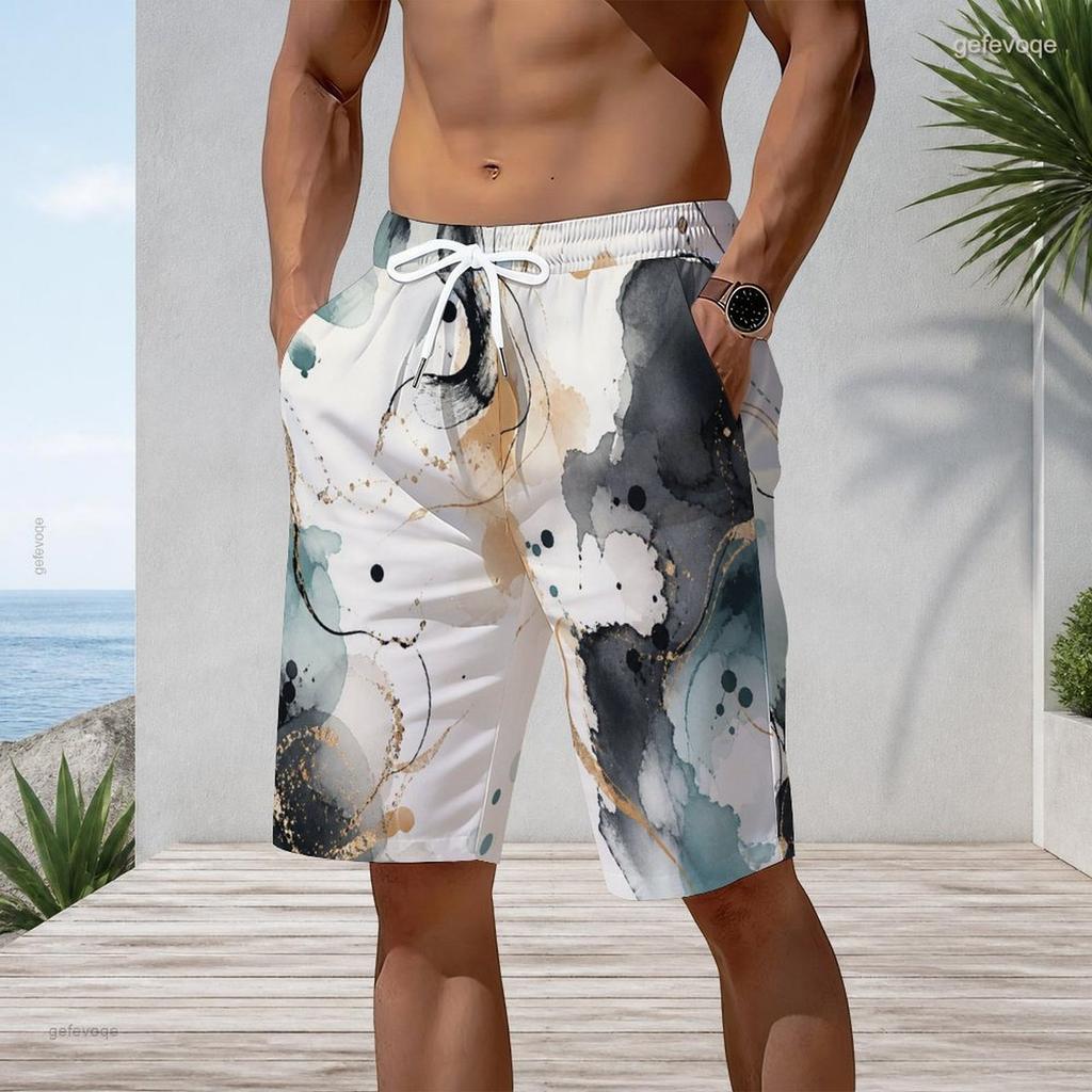 Men Plus Size Off White Watercolor Leaf Printed Beach Shorts Drawstring Waist Side Pockets Straight Leg