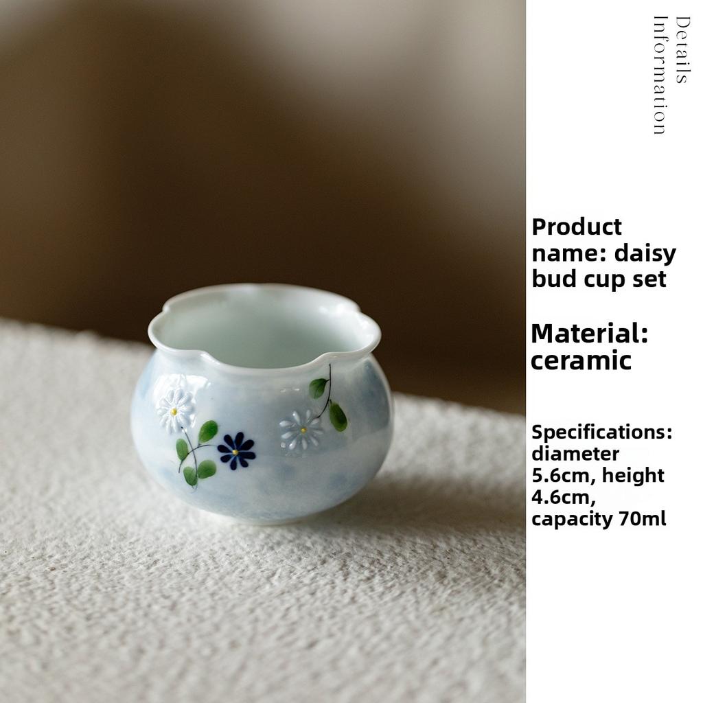 Hand Painted Ceramic Tea Cup Daisy Scalloped Rim Master Cup Chinese Gongfu Tea Set Home Office Use Zen Style Gift