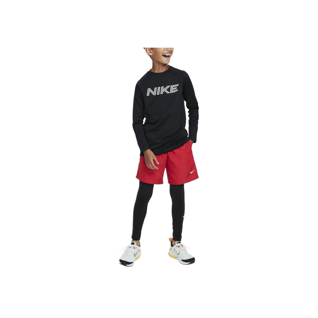 Nike Pro Dri-Fit Warm Letter Print Crew Neck Training Long Sleeve T-Shirt Kids Tops Black White HF4362-010