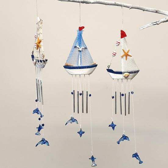 Blaues Segelboot Hängende Windspiel für Draußen Handgefertigtes Nautisches Windspiel für Außen Veranda Terrasse Garten Fenster Dekor