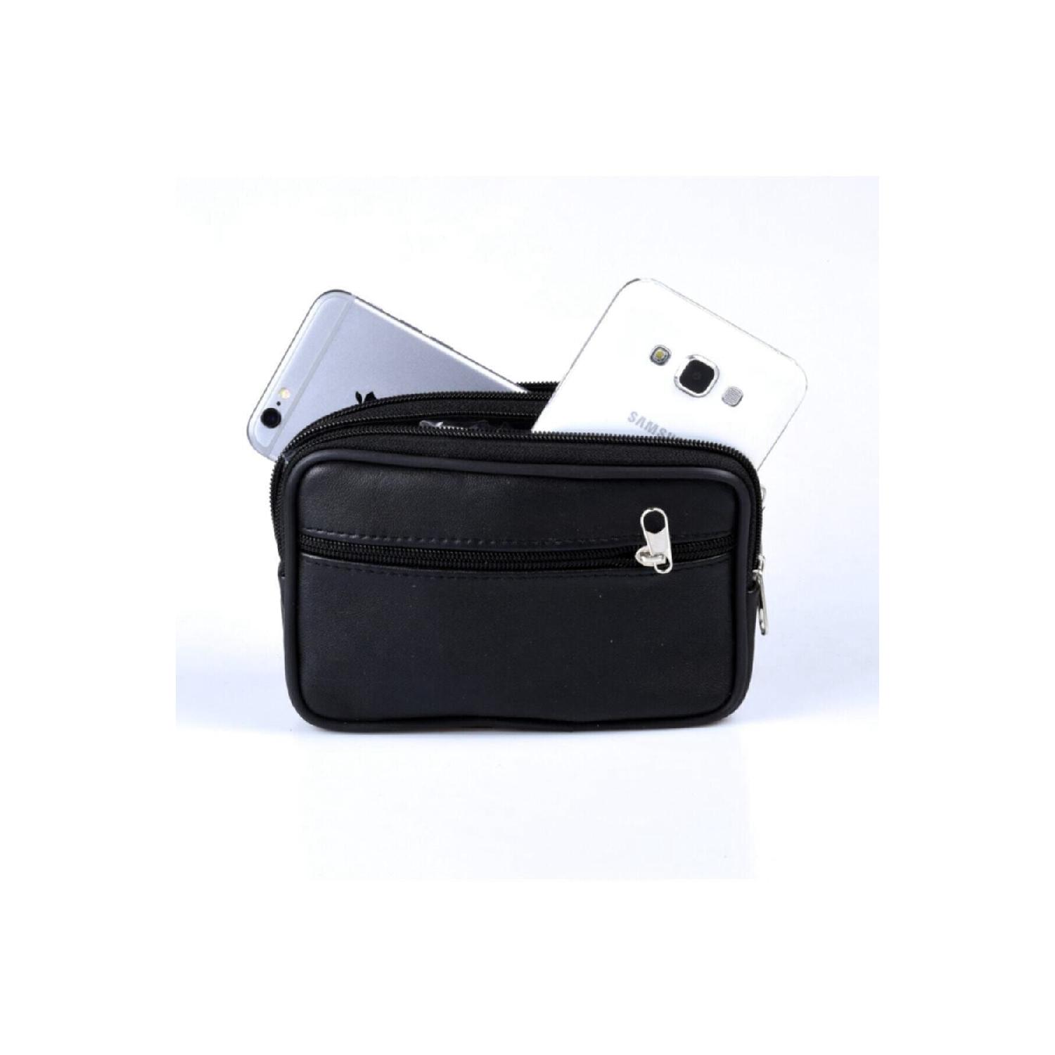 

100% Genuine Leather Small Belt Bag With 3 Zippers 10 Cm Length 17 Cm Width чёрный