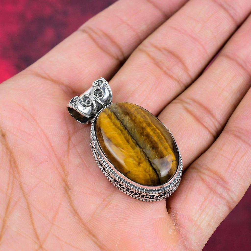 Tiger's Eye 925 Solid Sterling Silver Pendant, Handmade Gemstone Pendant , Gift For Mom Antique Jewelry