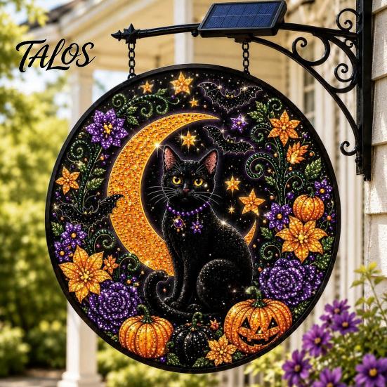 Creative Halloween Gift for Home Solar Powered Hanging Light, Skull Witch Black Cat Cemetery Zombie Design LED Light Ghost Pumpkin Lanterns