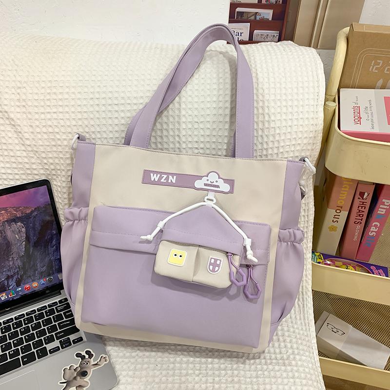 Student Handbag Women Color Block Crossbody Bag Large Capacity Classes Book Shoulder Bag with Coin Purse