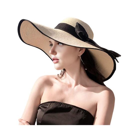 Women Straw Hat Wide Brim Breathable Lightweight Sun Protection Hat with Lace-up Bowknot Decor Sun Hat