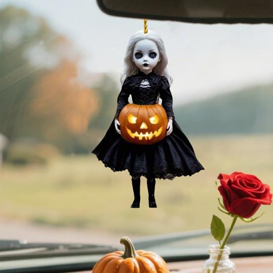 Halloween Pumpkin Princess Pendant Car Hanging Ornament Acrylic Rearview Mirror Charm Festive Party Decoration for Wall Door Room