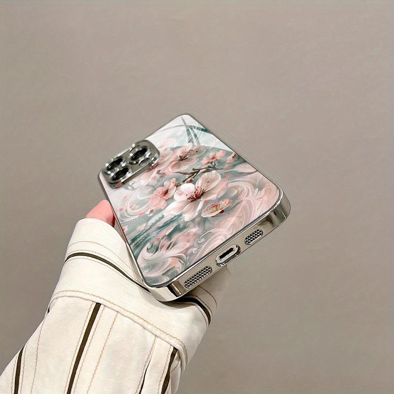 Beautiful Pink Flower Pattern Electroplated Silver Phone Case For Samsung Galaxy S25 S24 S23 Ultra Plus FE Tempered Glass Cover