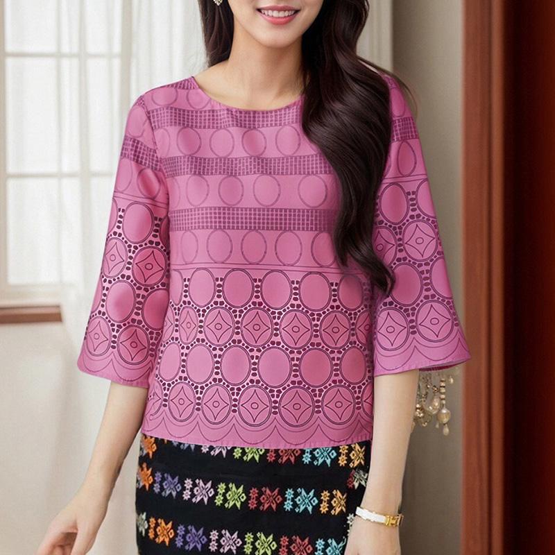 ZANZEA Women Casual Round Neck Summer 3/4 Sleeve Print Blouse