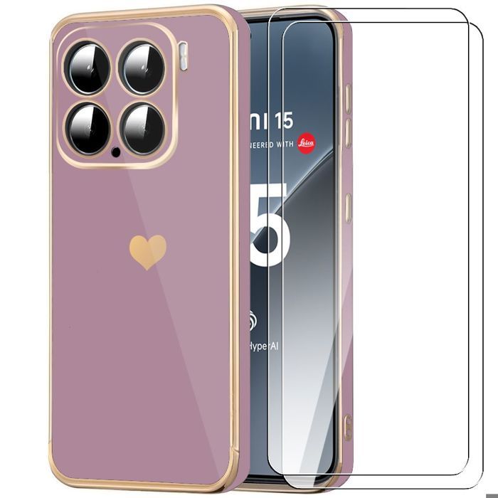 Coque de protection pour téléphone - Xiaomi - 15 - Souple - Violet - Motif Cœur doré