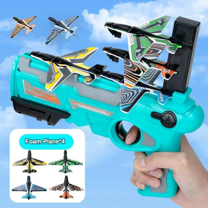 Airplane Launcher Toy Gliding Plane Aircraft Foam Catapult Gun Toy With 4 Small Plane Safety Gun Shooting Game Kid Gift