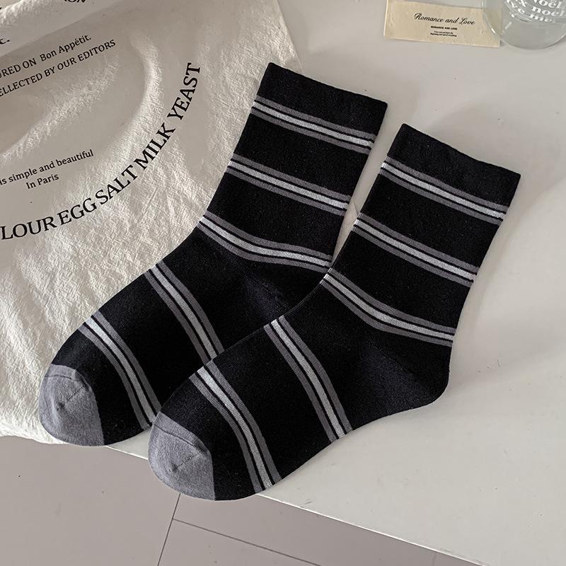Retro Maillard Coffee Striped Mid-Calf Socks for Women - Autumn/Winter Academic Style Fashion Block Korean Loose Fit.