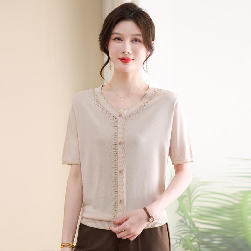 Mom's New Summer Bottoming Top Medium and Old Women's Collar Diamond-encrusted Shirt Short-sleeved Knitted Shirt Thin
