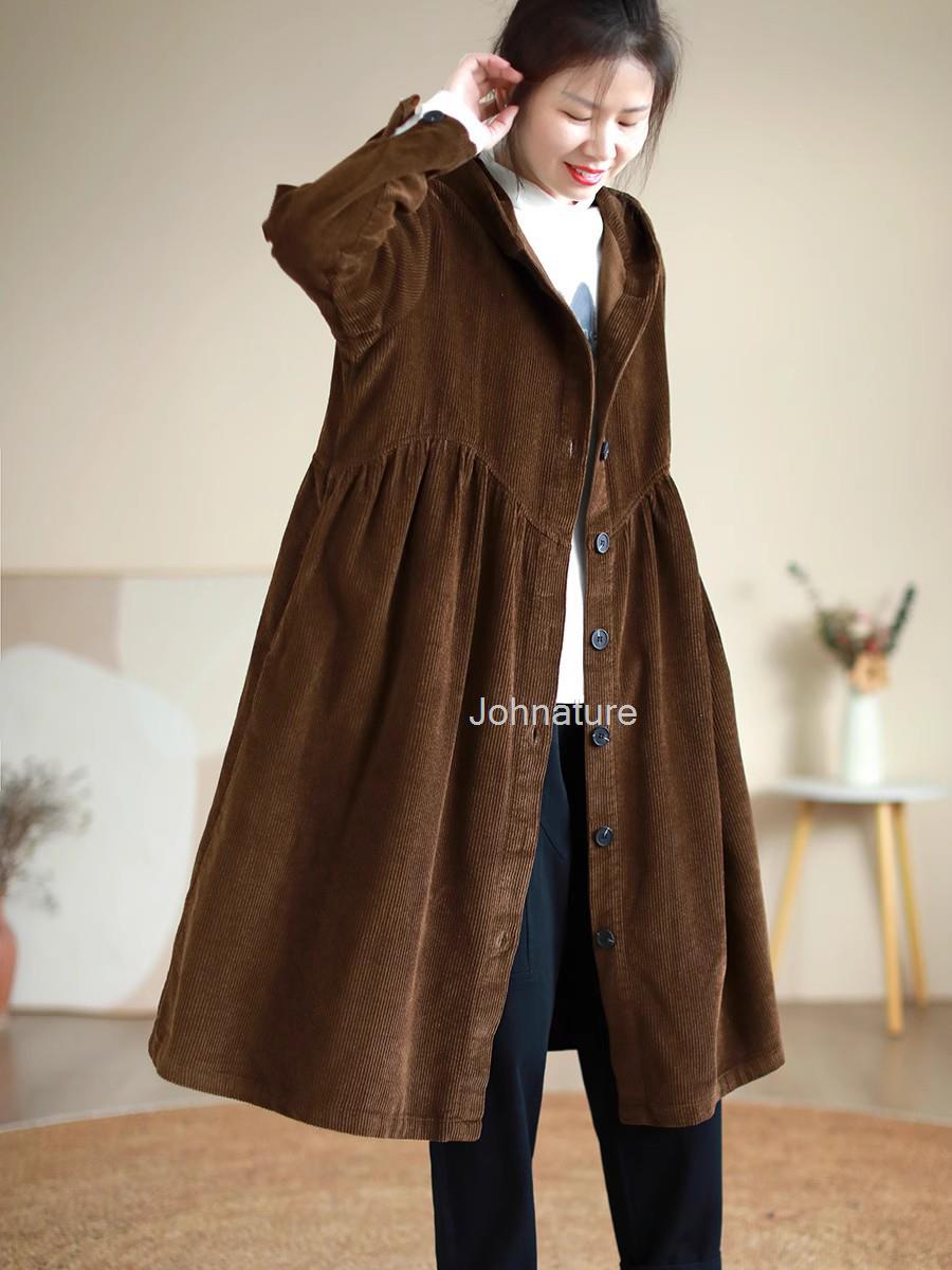

Johnature женский винтажный вельветовый плащ с капюшоном и пуговицами, однотонное теплое пальто с длинными рукавами One Size кофейный