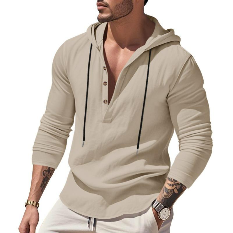 Men's Spring and Autumn Long-sleeved Linen Shirt Hooded Bottoming Shirt Casual T-shirt Sweater Men