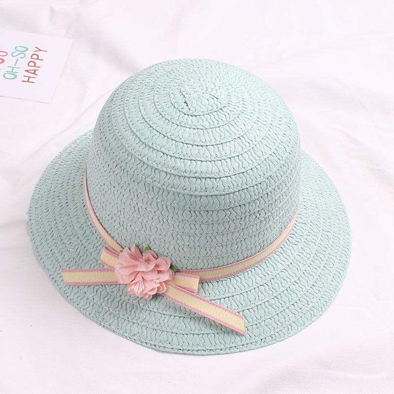 Sun Straw Hat Kids Girls Large Wide Brim Travel Beach Cap Sweet Flower Bowknot Sun for Protection Hat with Shoul