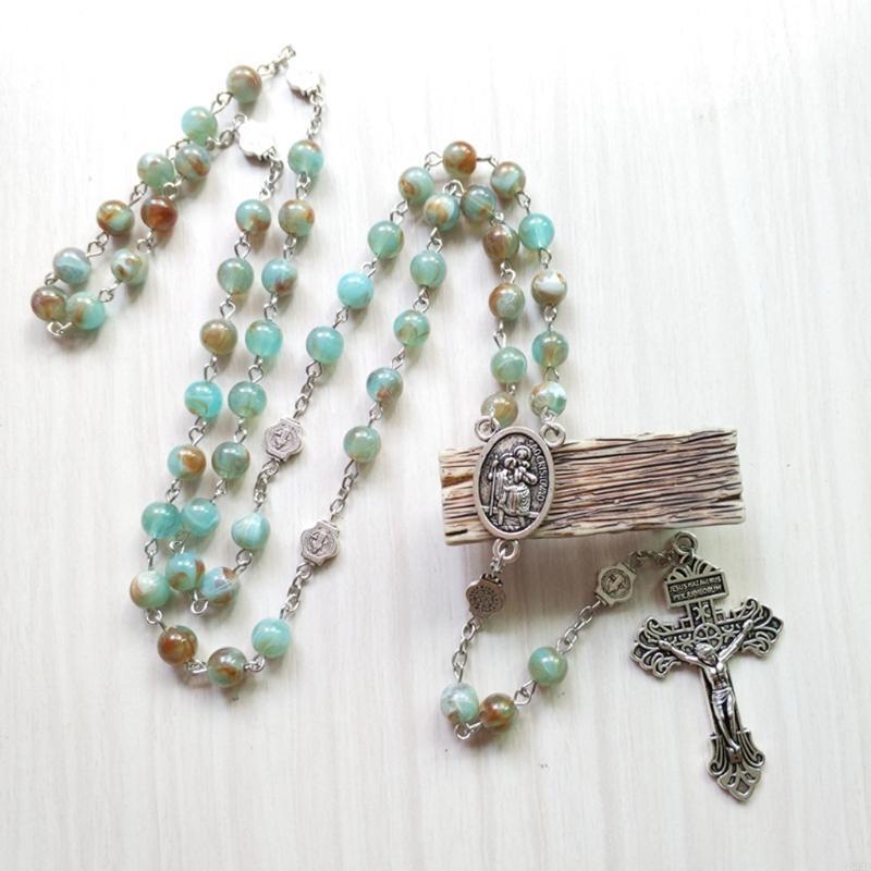 62KD Rosary Beads Necklace 6mm with Jesus Christ Crucifix for Cross Catholic Pendant Party Gift