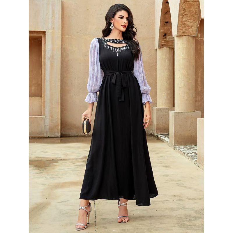 

New Middle East Dubai Diamond Patchwork Chiffon Lantern Sleeve Dress Diamond Studded Dress Black S