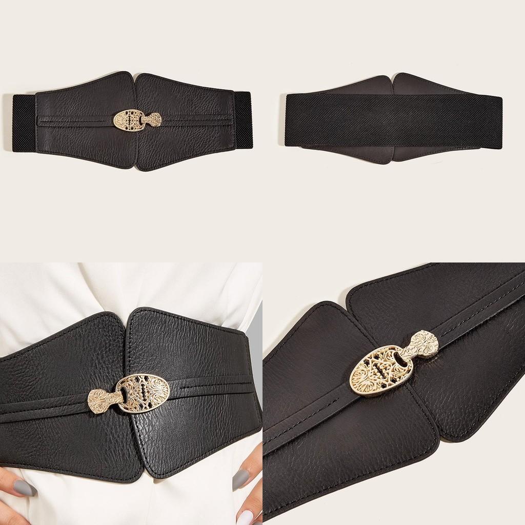 Buckle Fashion Gold Decoration Women Casual Black Faux Leather Belt Daily For