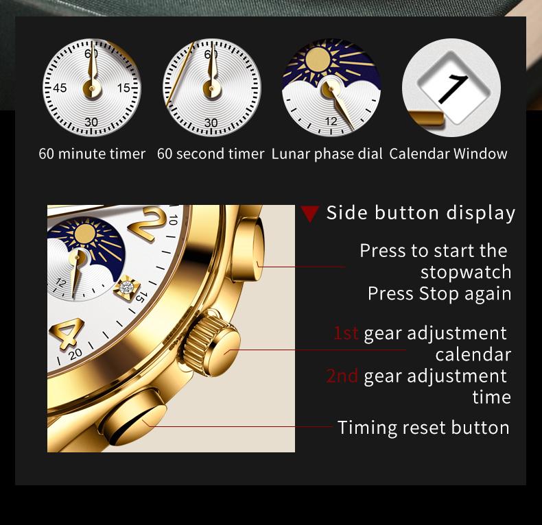 OLEVS 2890 Sport Men's Watches Moon Phase Chronograph Luminous Leather Strap Date Buisness Fashion Quartz Man Wristwatch