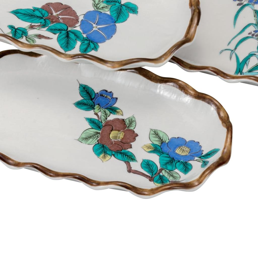 Kutani ware "Iwataya" set of 7 plates with floral and plant motifs, K8-73