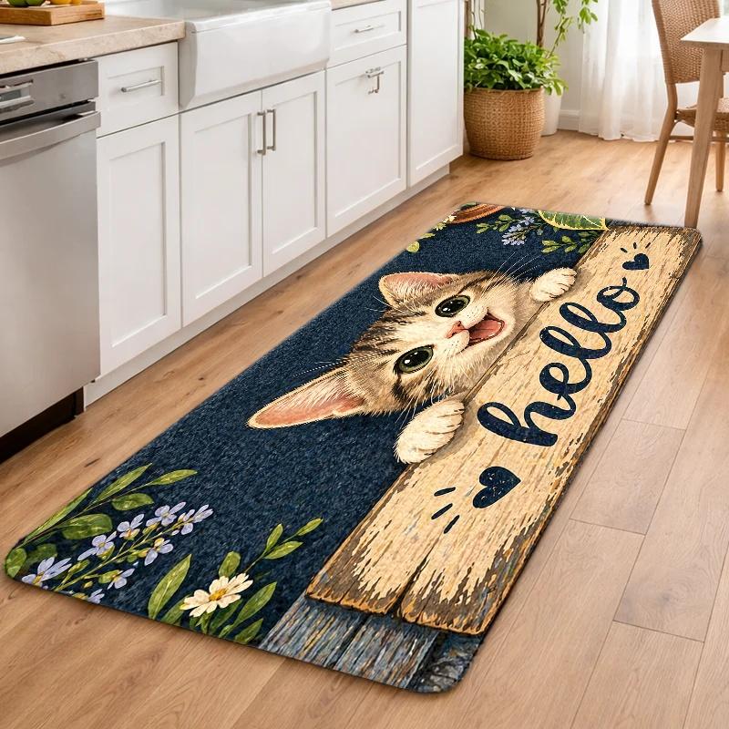 1Pcs Anti Fatigue Kitchen Rugs,  Cute Cat Hello  Print Waterproof Non-Slip Thick Cushioned Kitchen Mat Heavy Duty Comfort Standing Mat for Kitchen