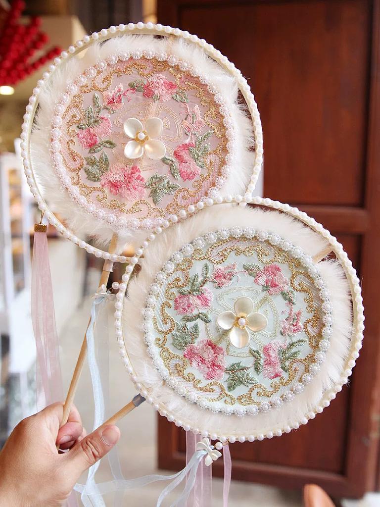 Double Petal Machine Embroidery Circular Fan Handicraft Photography Dance Court Retro Style Long Handle Bamboo Fan