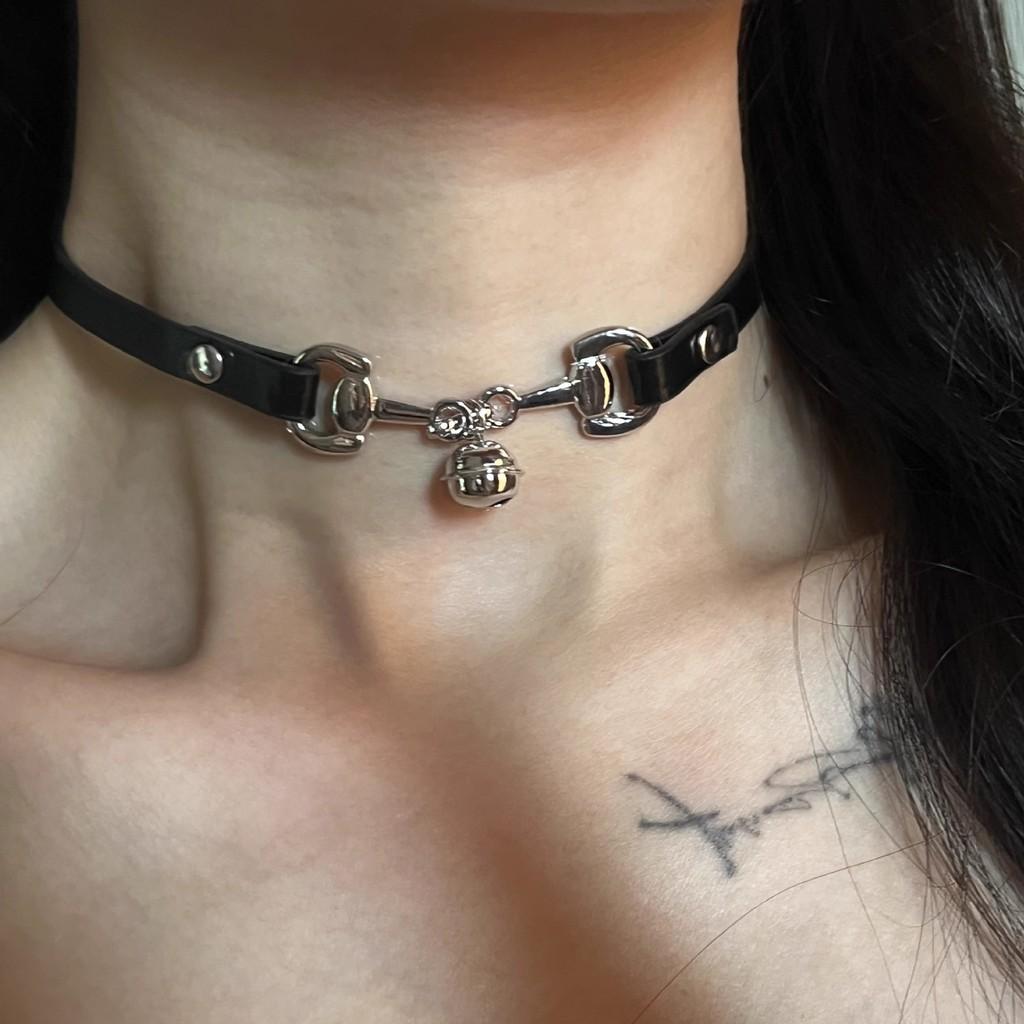 Stunning Black Leather Choker Necklace For Women With Decorative Silver Bell Charm