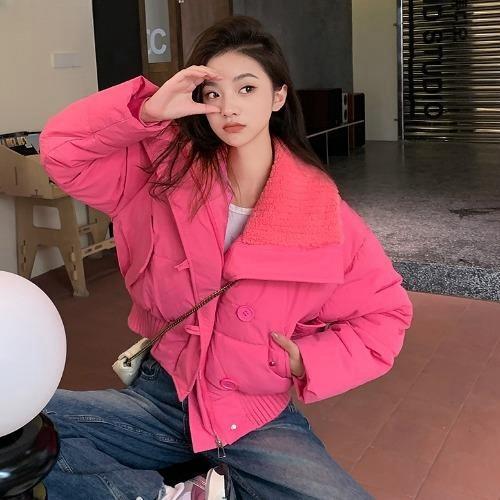 

Women s winter new down cotton-padded clothes short thickened high-necked cotton-padded jackets loose coats L рожевий червоний колір