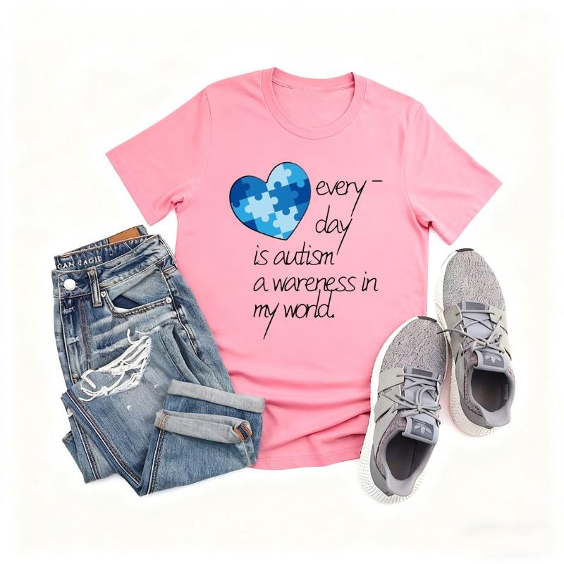 Autism Awareness Heart Puzzle Graphic Cotton TShirt Supportive Unisex Crew Neck Outdoors High Quality Cotton Shortsleev Tees