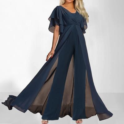 Women Summer Bohemian Solid Color V Neck Short Sleeve High Waist Jumpsuit Women Rompers Clothing