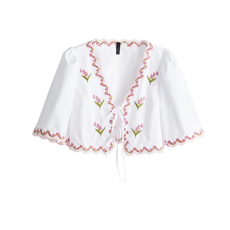 Spring and Summer New Women's Clothing Wavy Edge V Neck Half Length Puff Short Sleeve Florals Embroider Poplin Tops 1281793