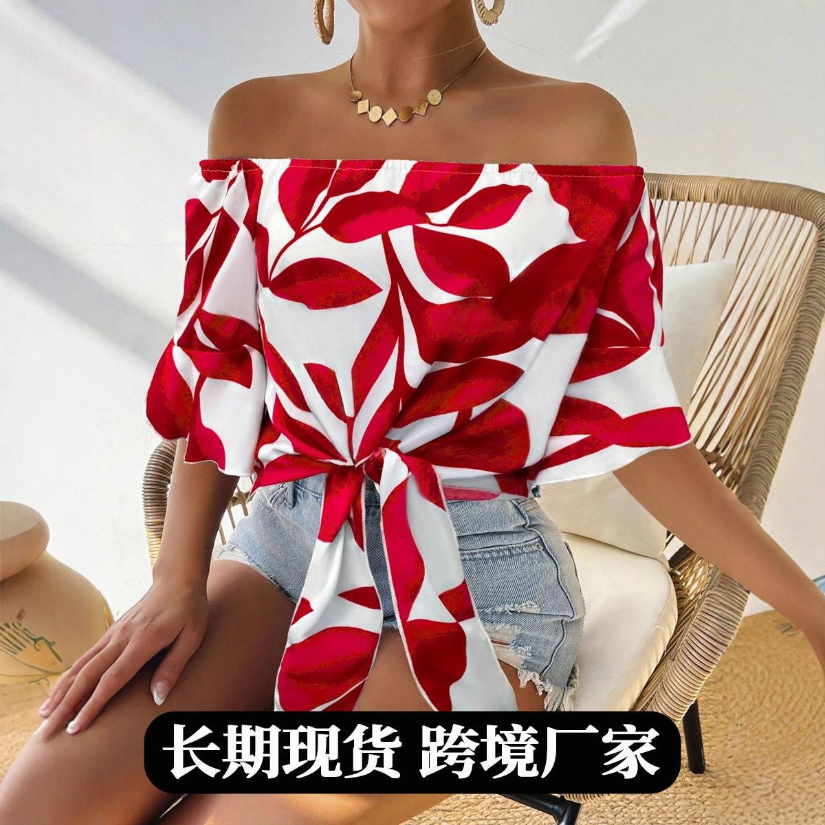 Women Off Shoulder Leaf Print Tie Front Flare Sleeve Crop Top S красный