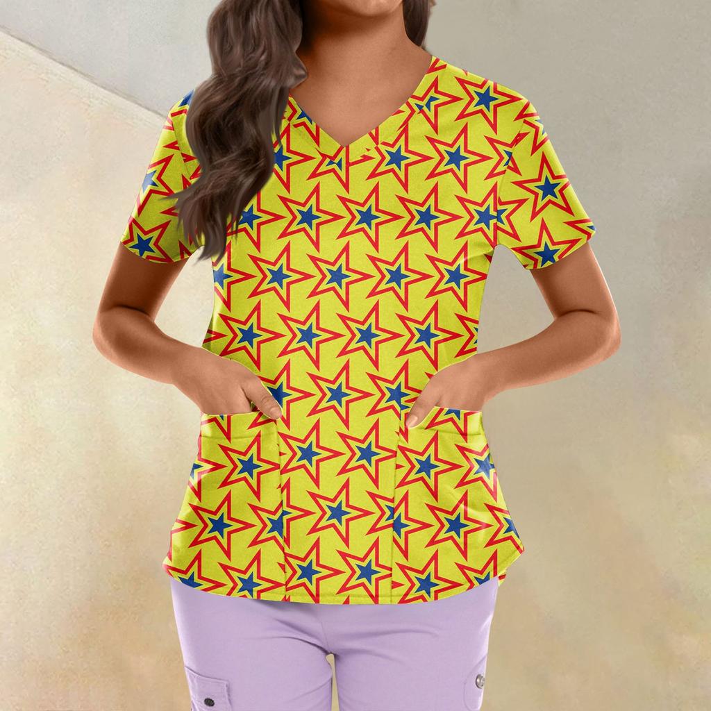 Topuri Uniformă de Lucru Scrub Imprimate Mărimi Mari Pentru Femei Gât în V Încrucișat Imprimeu Ziua Independenței Mânecă Scurtă Tricouri Amuzante Tricou de Lucru cu Buzunare