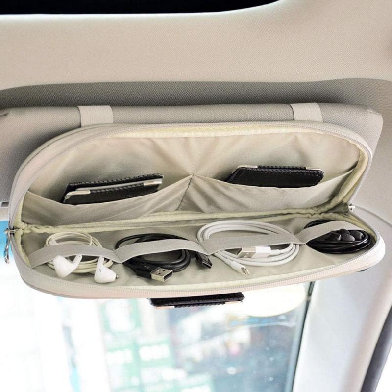 Da by Car Sun Visor Organizer, Multi-Pocket Trucks with Double Zippers, Elastic Bands & Glasses Clip - Organizes Essentials Keep Tidy (Cream Grey)