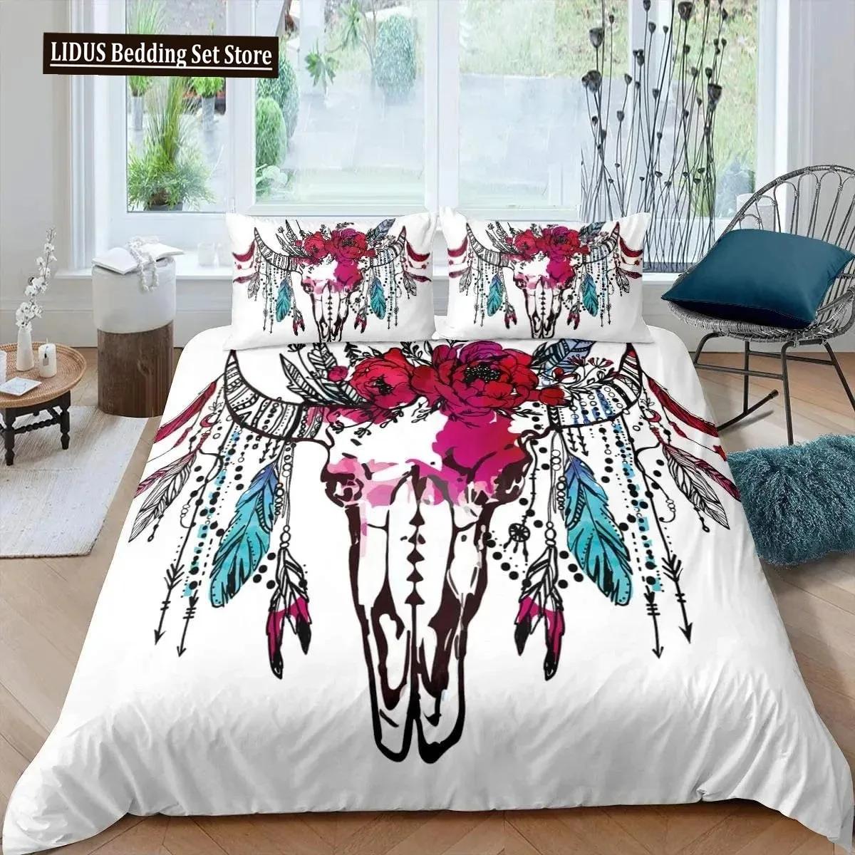 

Bul Skul Soft with Soft Fabric Duvet Cover Boho Dream Catcher Feather Beding Set Twin Arow Floral Warm Comforter Cover For Young Girls Women 100*200cm Single