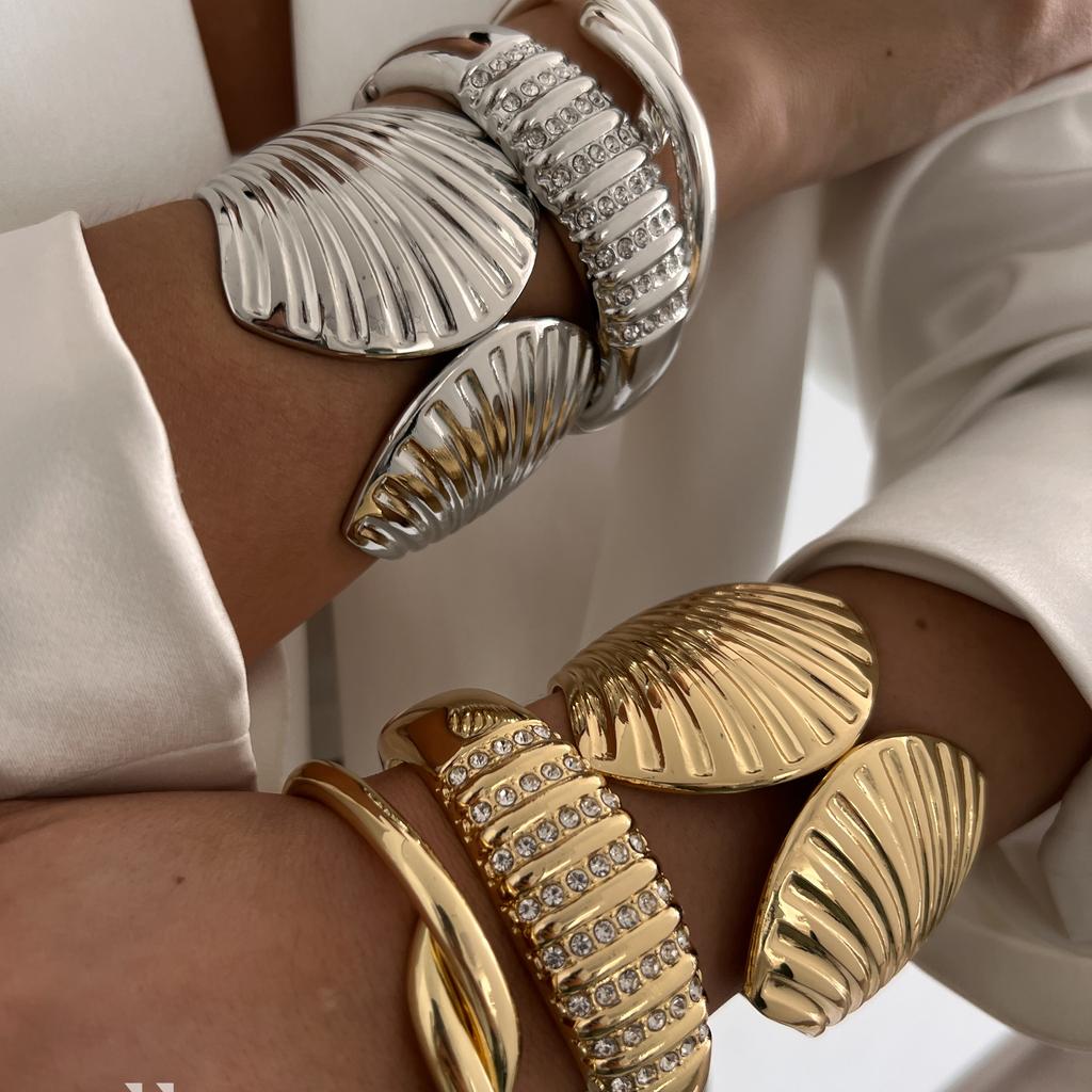 Ingemark Exaggerated Hip Hop Metal Scallop Knot Open Bangles Women Trend Vintage Gold Color Rhinestone Bracelet Men Jewelry