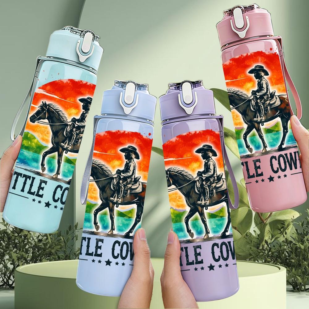 1PC Little Cowboy Horse Rider Western Print 750ml Color Plastic Sports Water Bottle Leakproof Flip Straw Lid Suitable for Sports Office Home Use