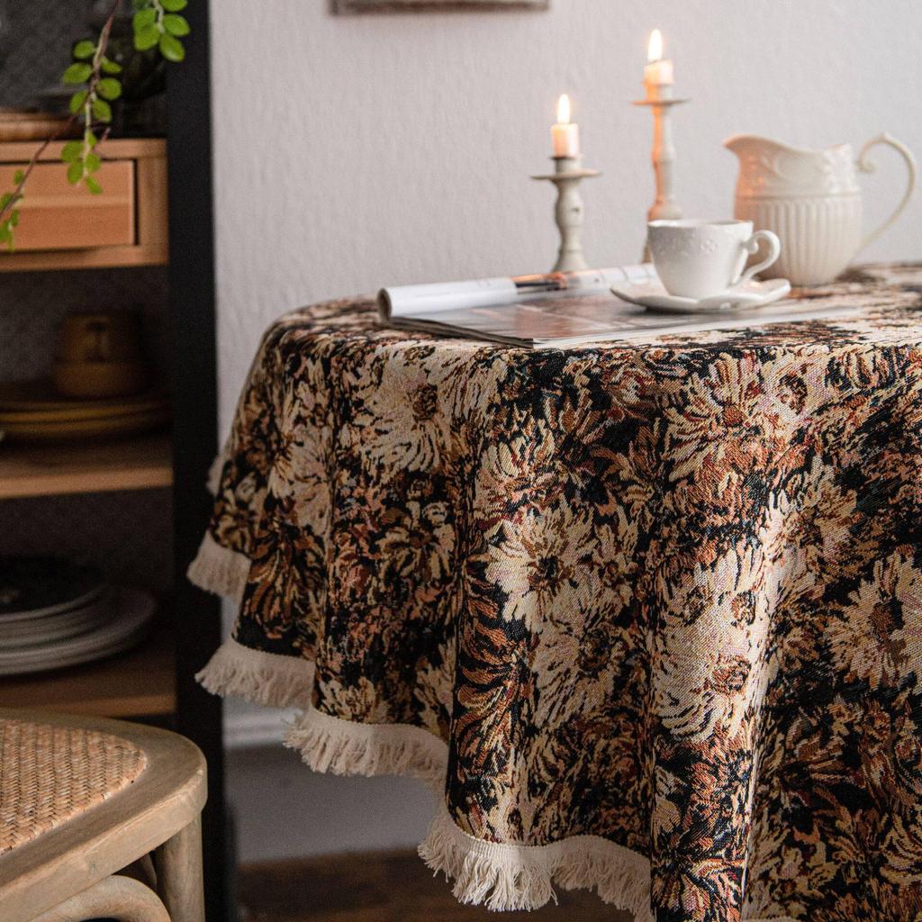 Vintage Round Tablecloth, Coffee Cotton Linen Florals Table Cloth, Anti-Wrinkle Decorative Tablecloths for Dining, Kitchen Wedding, Thanksgiving