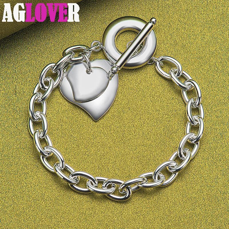 925 Sterling Silver Two Heart Pendant Bracelet Chain Jewelry