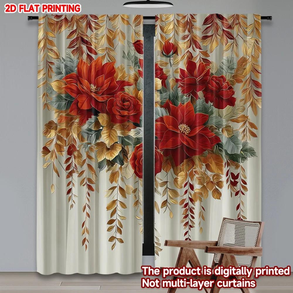 2pcs Red Yellow Floral Curtains  Digital Printing   Bright Blossom with Green Leaves Pattern Modern Window Decor for Living Room