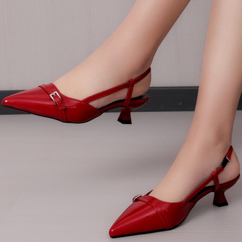 Fashion Women High Heels Sandals New Summer Pointed Patent Leather Mid-heel Overhead Sandals Women Retro Skinny Heel Back Shoes Women