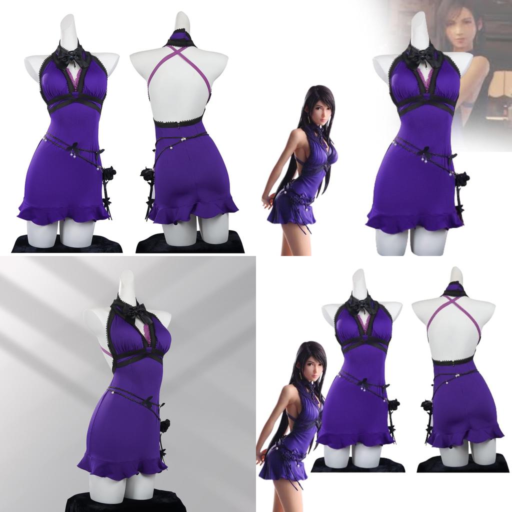 Elegant Fantasy Tifa Purple Dress Cosplay Outfit For Game Role Play In Polyester