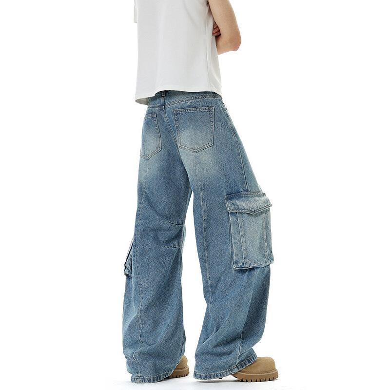 American Heavy Industry Multi-pocket Tooling Jeans Women's and Men's Retro Washed Old Wide-leg Pants Trendy Brand Scimitar Casual Pants