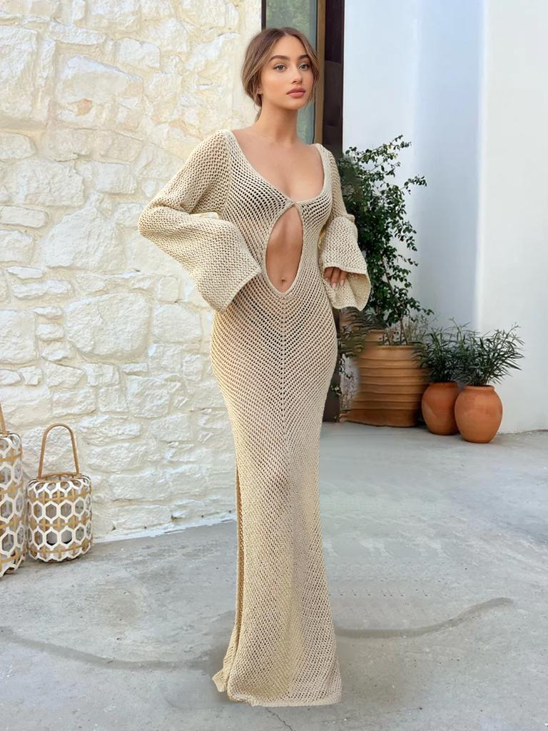 Ensfarget Strand Maxi Kjole 2025 Kvinner Sommer Sexy Strikket A-linjet Langermet Splitt Cut Out Badedrakt Cover Up Ferieantrekk K120