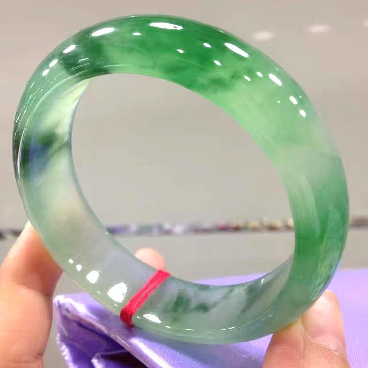 Myanmar Treated Jadeite Bangle: Full Green Ice Waxy Jade with Floating Flowers - Noble Lady Style