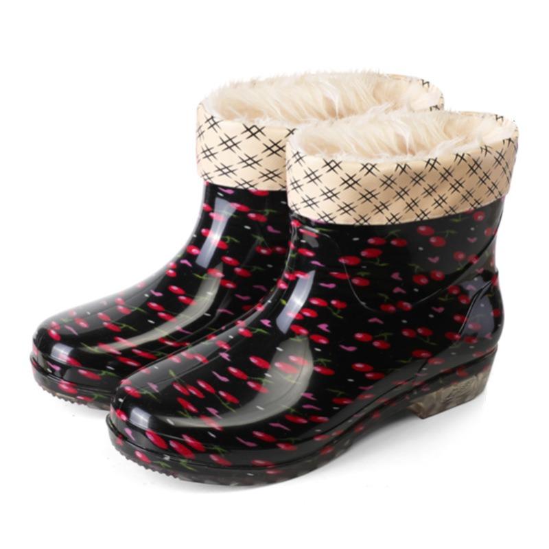 Spring and Autumn Short Women's Rain Boots Crystal Flower Cloth Non-slip Cleaning Kitchen Mom Warm Fashion Rain Shoes Women's Rubber Shoes Water Shoes