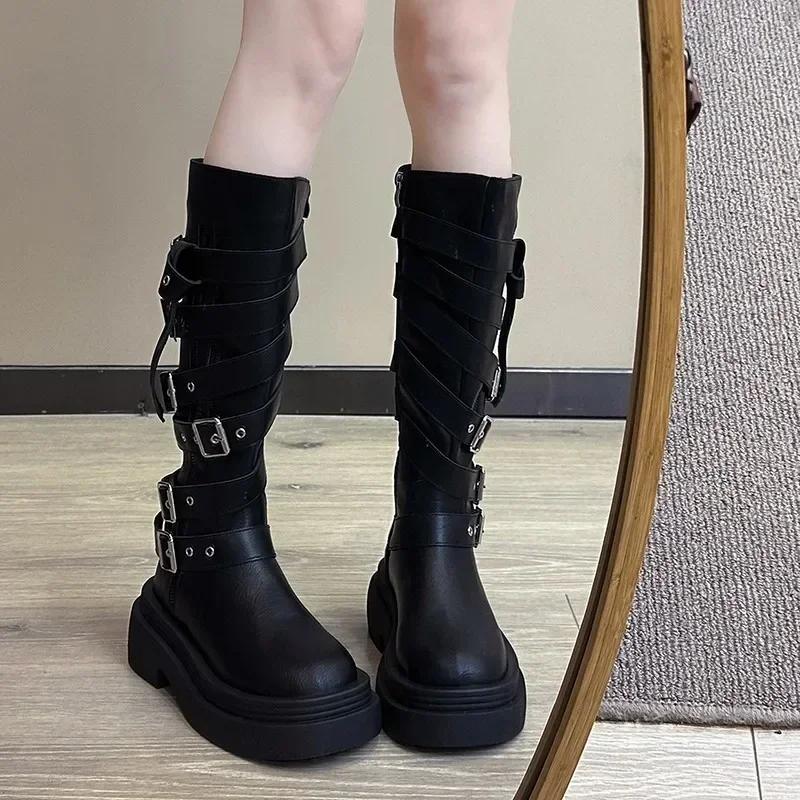 2024 Shoes for Women Side Zipper Women's Boots Winter Round Toe Solid High Tube Platform Chunky Heels Knight Boots