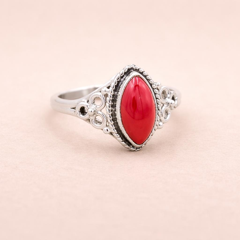 Red Coral Ring 925 Sterling Silver, Marquise Statement Ring, Oxidized Silver Coral Ring, Handmade Bohemian Jewelry