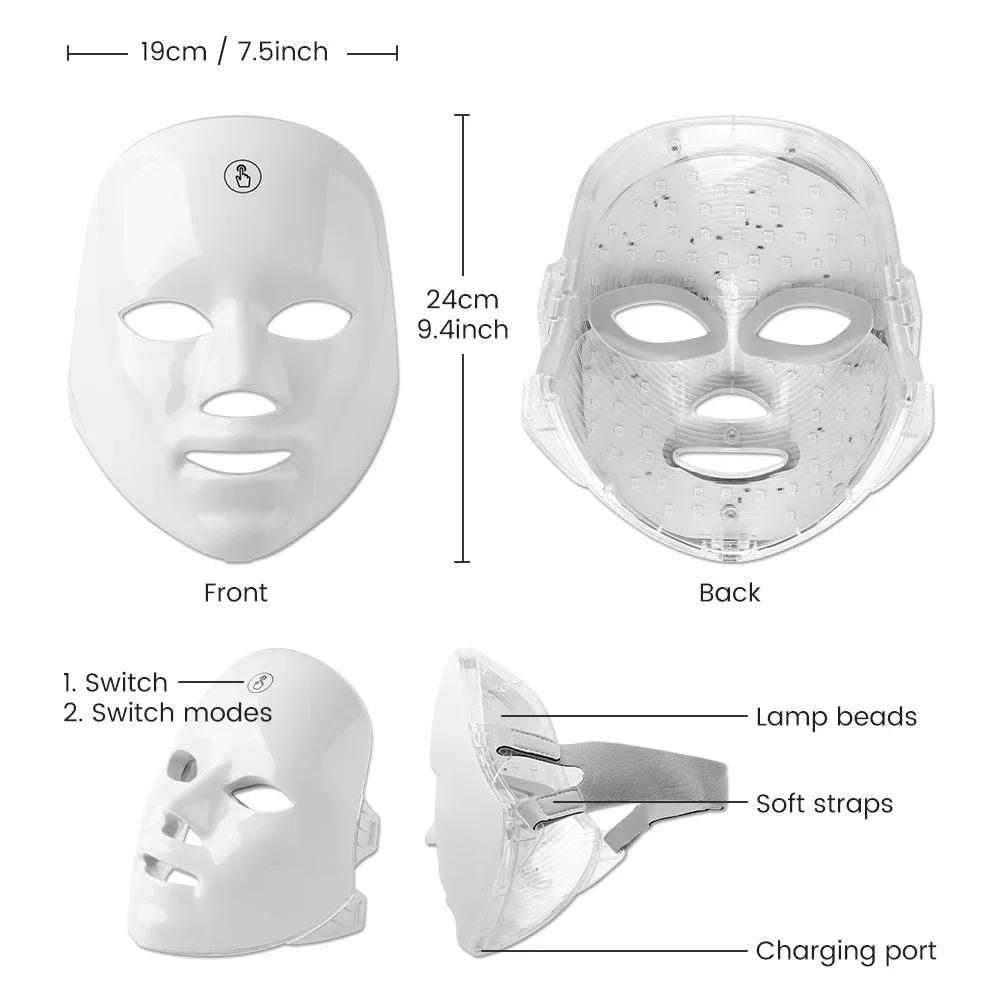 Rechargeable 7-Color LED Photon Facial & Neck Mask — Skin Rejuvenation, Whitening, Face Lifting, Anti-Wrinkle Beauty Device for Home SPA