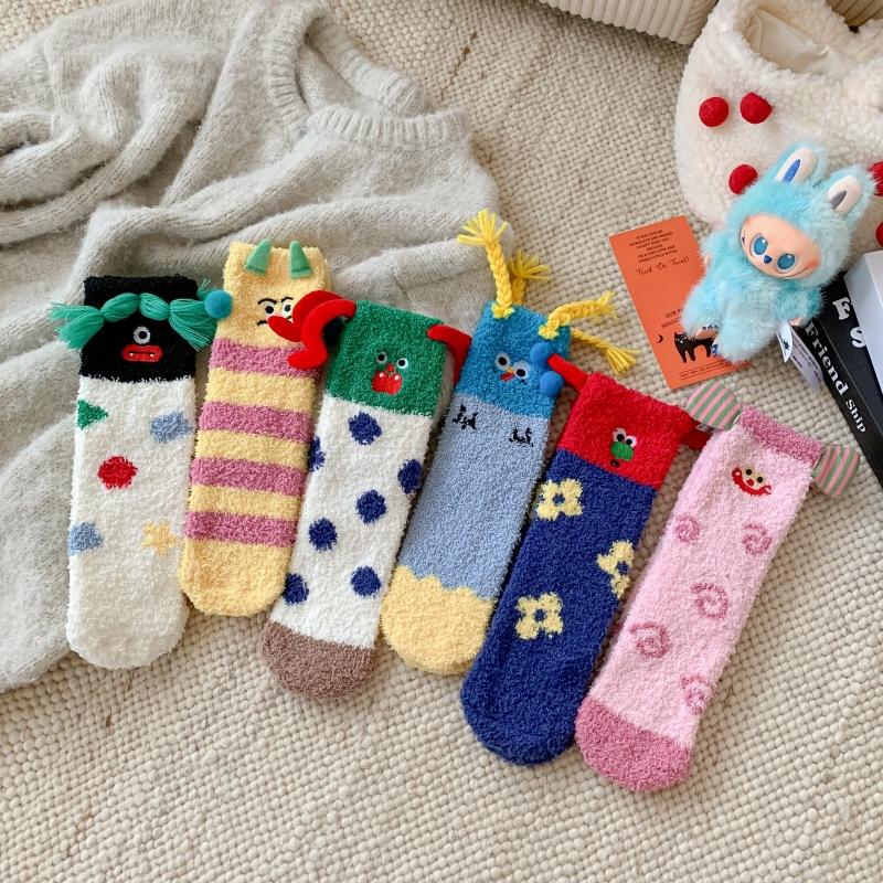 Cartoon Sausage Dog Coral Fleece Socks For Women Middle Tube Thickened Sleep Socks Home Floor Socks